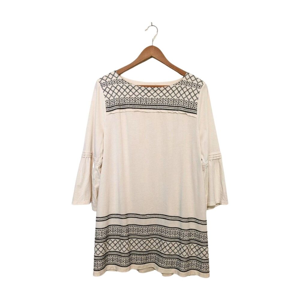 J. Jill Women's Embroidered Cream Knit Black Boho Flare Sleeve Tunic Top L